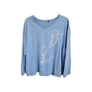 Sun Bay Women's 2XL Blue Long Sleeve Cotton Top Nautical Beach Anchor